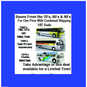 Special Bus Deal!  Limited Time Offer!-3 Buses from 3 different Decades-RTS TMC Transit Bus-Dart, Dallas Texas, Eagle 10 Coach Bus Corporate Livery  & Flxible Fishbowl Bus Miami, Dade1/87 Scale Iconic Replicas